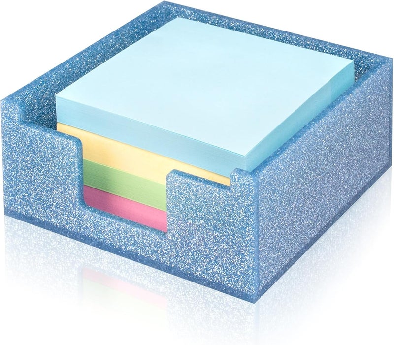 Luminzo Blue Sparkling Sticky Note Holder, Glitter Acrylic Organizer, 3.94 x 3.94 in Multi-Use Tray for Office, School & Home Desk - Image 1